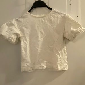 ZARA Cropped White Top with Puffed Sleeves and Pearls